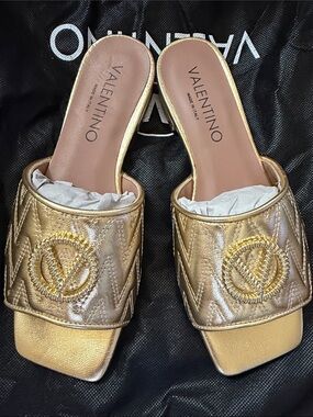 Valentino Metallic Gold Quilted Logo Slide Mules